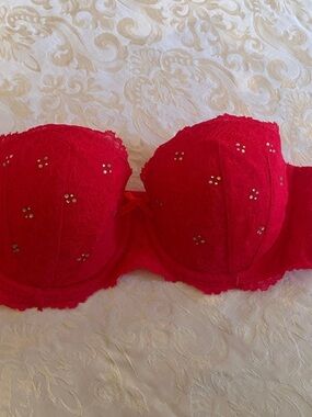 Victoria's Secret Red Lace Strapless Bra with Crystal Accents
